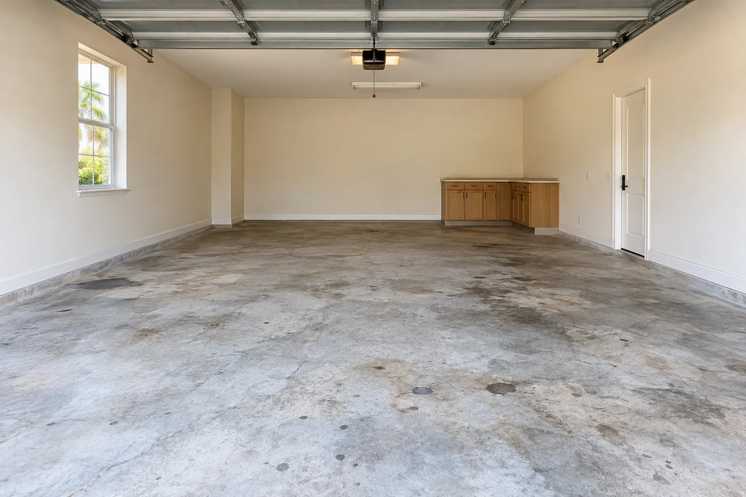 Before concept: worn bare concrete garage floor