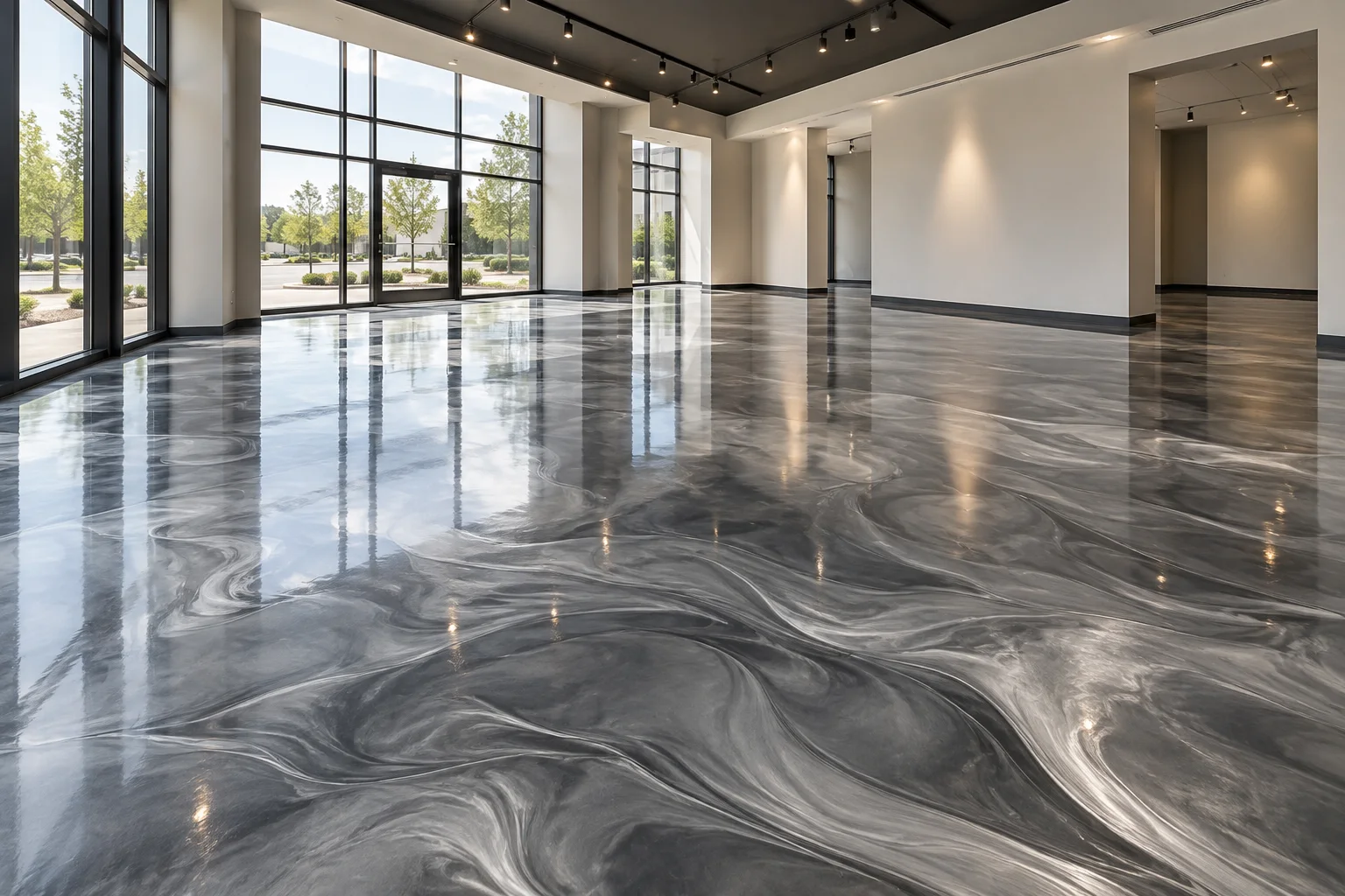 Illustrative flowing silver and graphite metallic epoxy floor